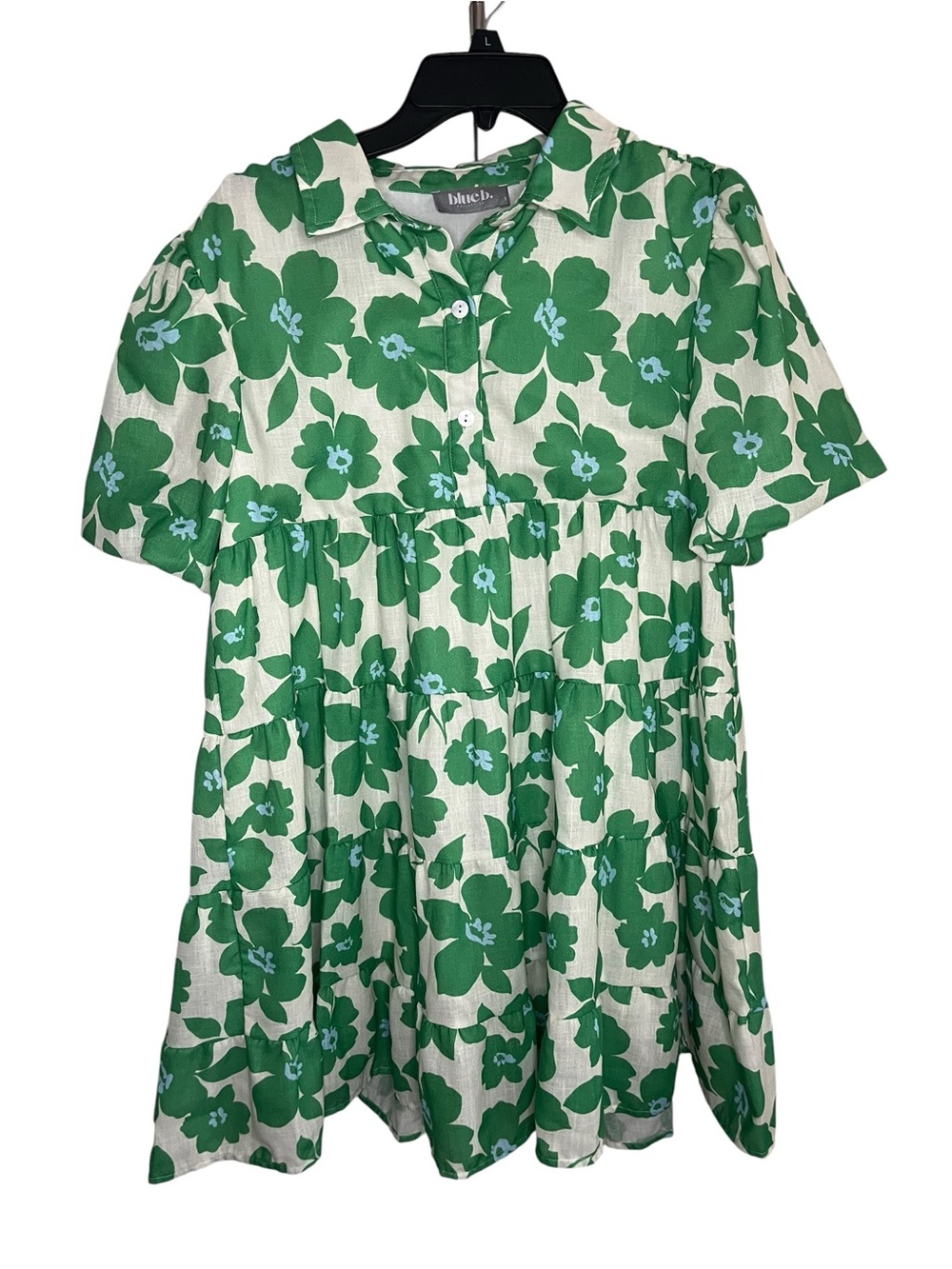 Blue B Collection Women’s Small Green Floral Tiered Puff Sleeve Mini Dress